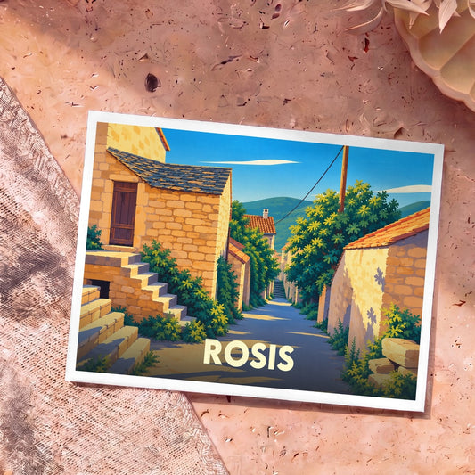 Carte postale souvenir de la ville de Rosis avec une illustration stylisée d'une ruelle ensoleillée.