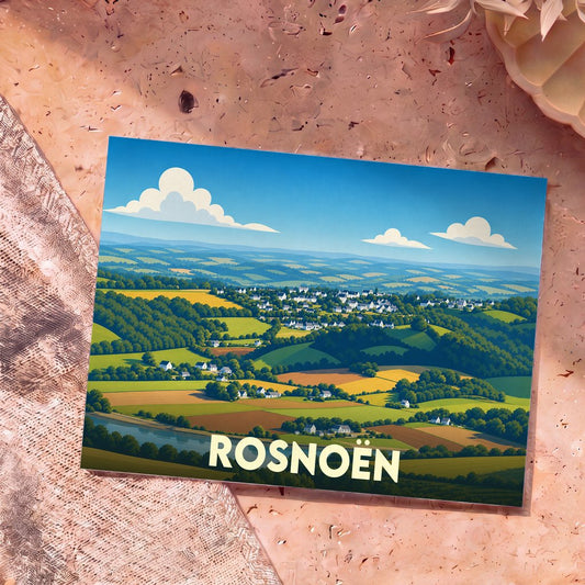 Carte postale souvenir de la ville de Rosnoën avec une illustration stylisée de son paysage vallonné.