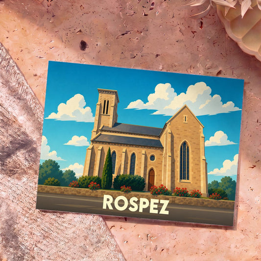 Carte postale souvenir de la ville de Rospez avec une illustration stylisée de son église sous un ciel bleu parsemé de nuages.