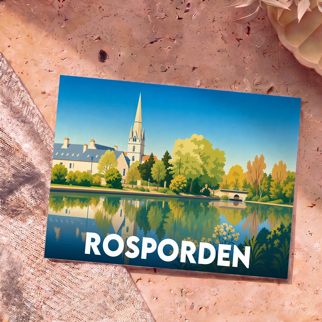 Carte postale souvenir de la ville de Rosporden présentant une illustration stylisée de son église et de son étang.