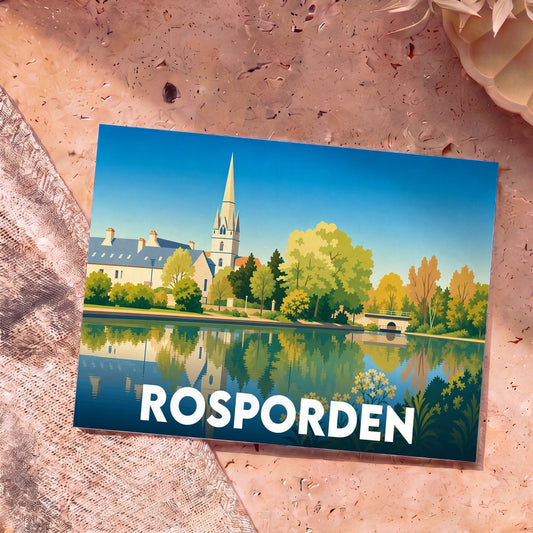 Carte postale souvenir de la ville de Rosporden présentant une illustration stylisée de son église et de son étang.
