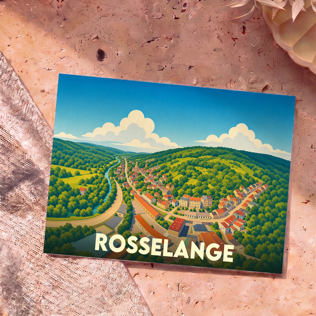 Carte postale souvenir de la ville de Rosselange avec une illustration stylisée d'un paysage vallonné.