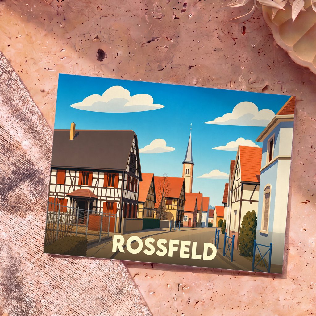 Carte postale souvenir de la ville de Rossfeld avec une illustration stylisée de ses maisons à colombages.