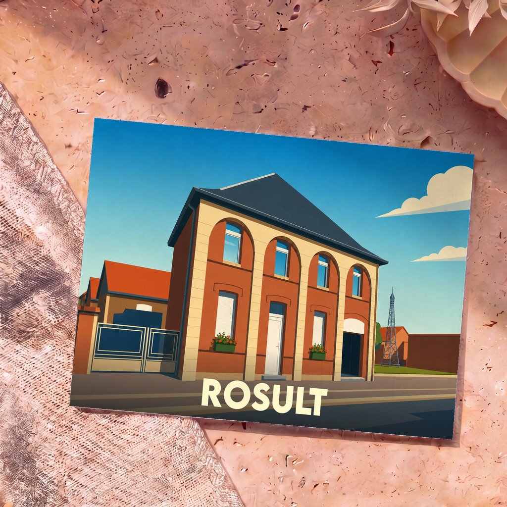 Carte postale souvenir de la ville de Rosult illustrant un bâtiment typique dans un style graphique épuré.
