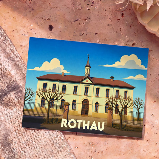 Carte postale souvenir de la ville de Rothau illustrant son hôtel de ville dans un style graphique épuré.