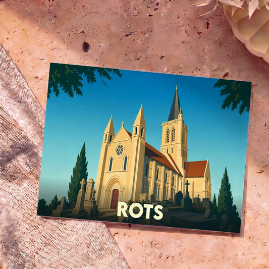 Carte postale souvenir de la ville de Rots illustrant son église et son cimetière dans un style graphique épuré.