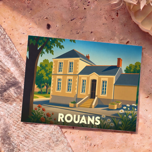 Carte postale souvenir de la ville de Rouans avec une illustration stylisée d'une maison traditionnelle.