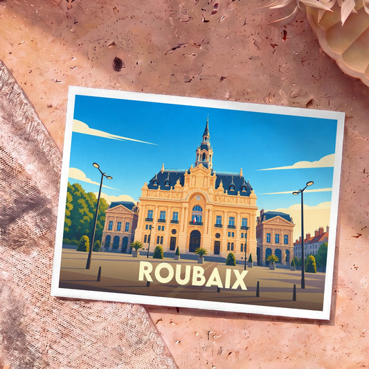 Carte postale souvenir de la ville de Roubaix avec une illustration stylisée de son hôtel de ville.