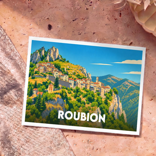 Carte postale souvenir de la ville de Roubion avec une illustration stylisée d'un village de montagne.