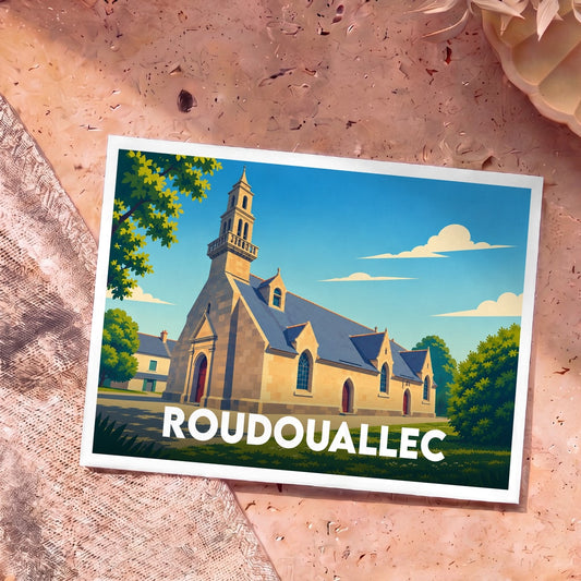 Carte postale souvenir de la ville de Roudouallec illustrant son église dans un style graphique épuré.
