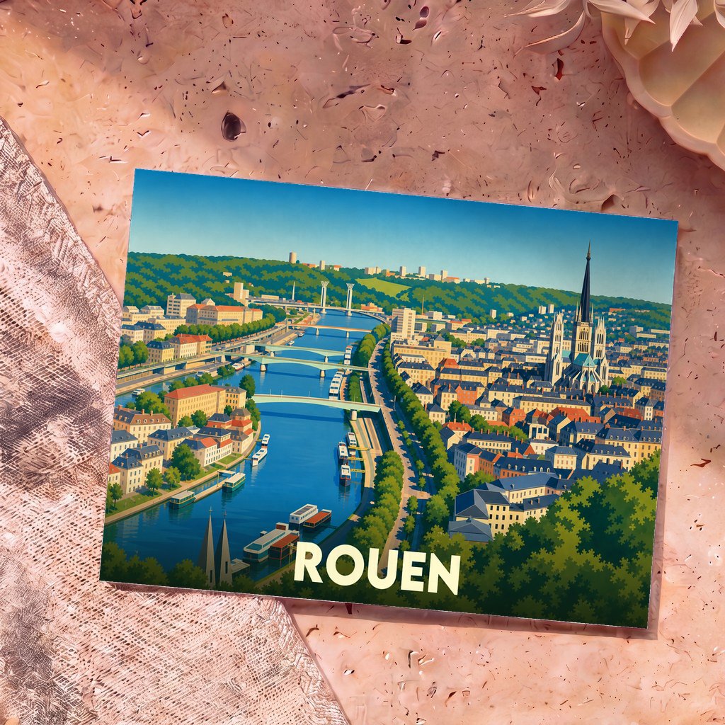 Carte postale souvenir de la ville de Rouen avec une illustration stylisée surplombant la Seine.