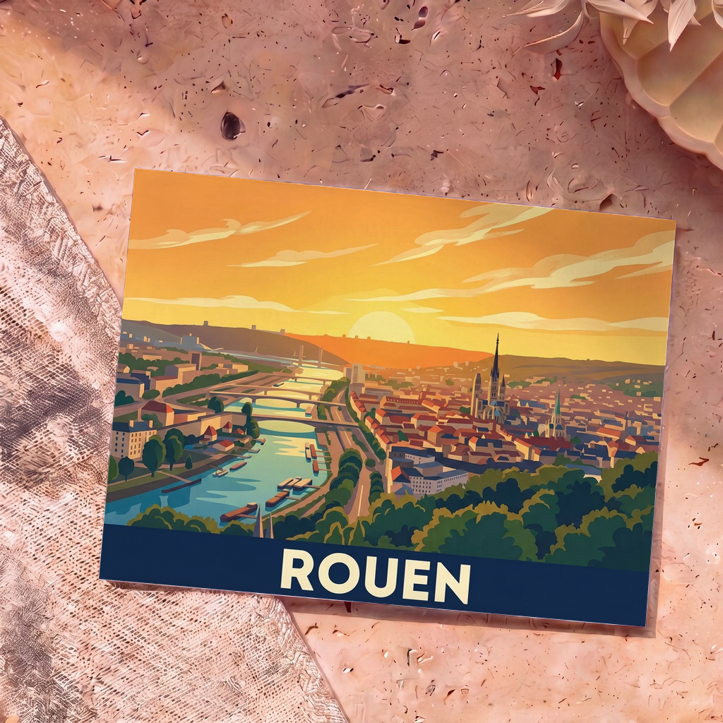Carte postale souvenir de la ville de Rouen présentant une illustration stylisée de la Seine au coucher du soleil.