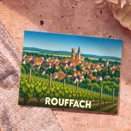 Carte postale souvenir de la ville de Rouffach avec une illustration stylisée de son église et de ses vignobles.