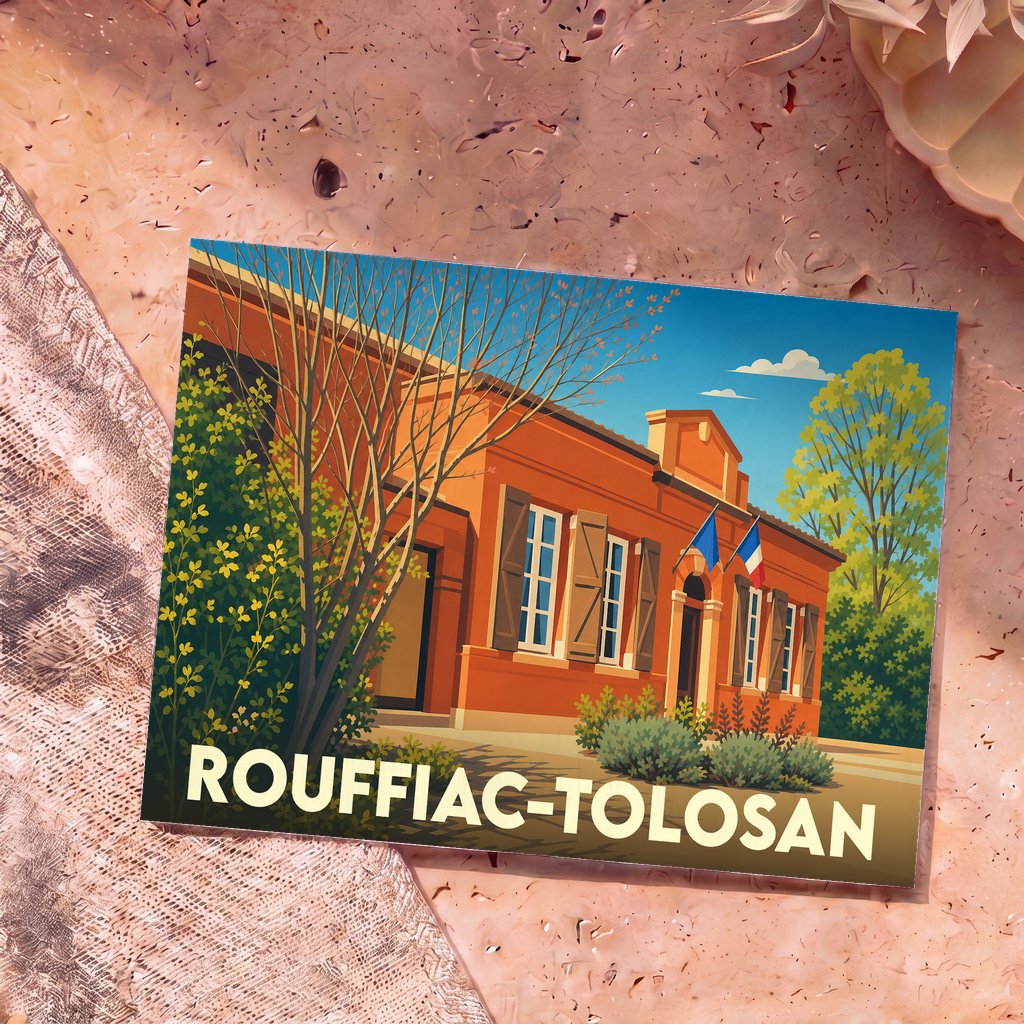 Carte postale souvenir de la ville de Rouffiac-Tolosan avec une illustration stylisée de sa mairie.