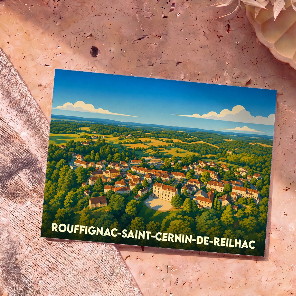 Carte postale souvenir de la ville de Rouffignac-Saint-Cernin-de-Reilhac illustrant un village vallonné dans un style graphique épuré.