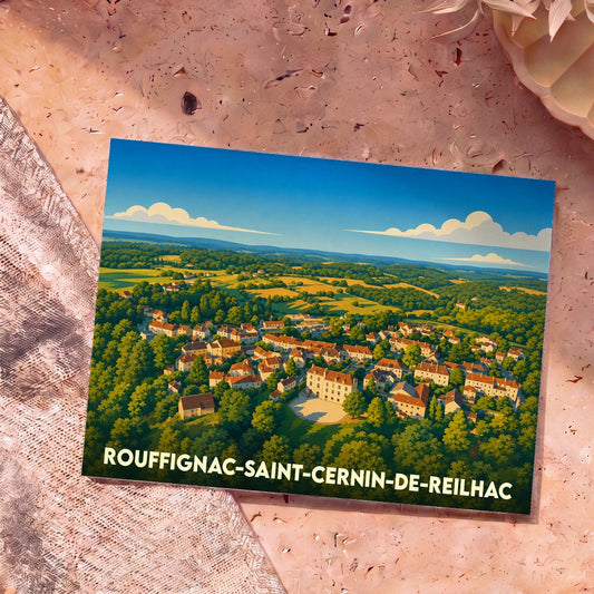 Carte postale souvenir de la ville de Rouffignac-Saint-Cernin-de-Reilhac illustrant un village vallonné dans un style graphique épuré.