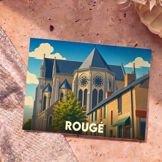 Carte postale souvenir de la ville de Rougé avec une illustration stylisée de son église et de ses maisons.