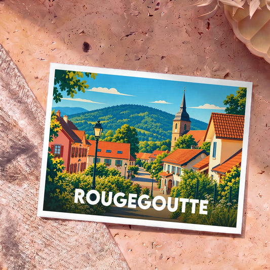 Carte postale souvenir de la ville de Rougegoutte avec une illustration stylisée d'un village pittoresque niché au pied des montagnes.