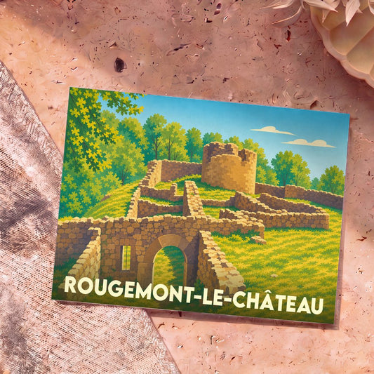 Carte postale souvenir de la ville de Rougemont-le-Château avec une illustration stylisée de ses ruines médiévales.