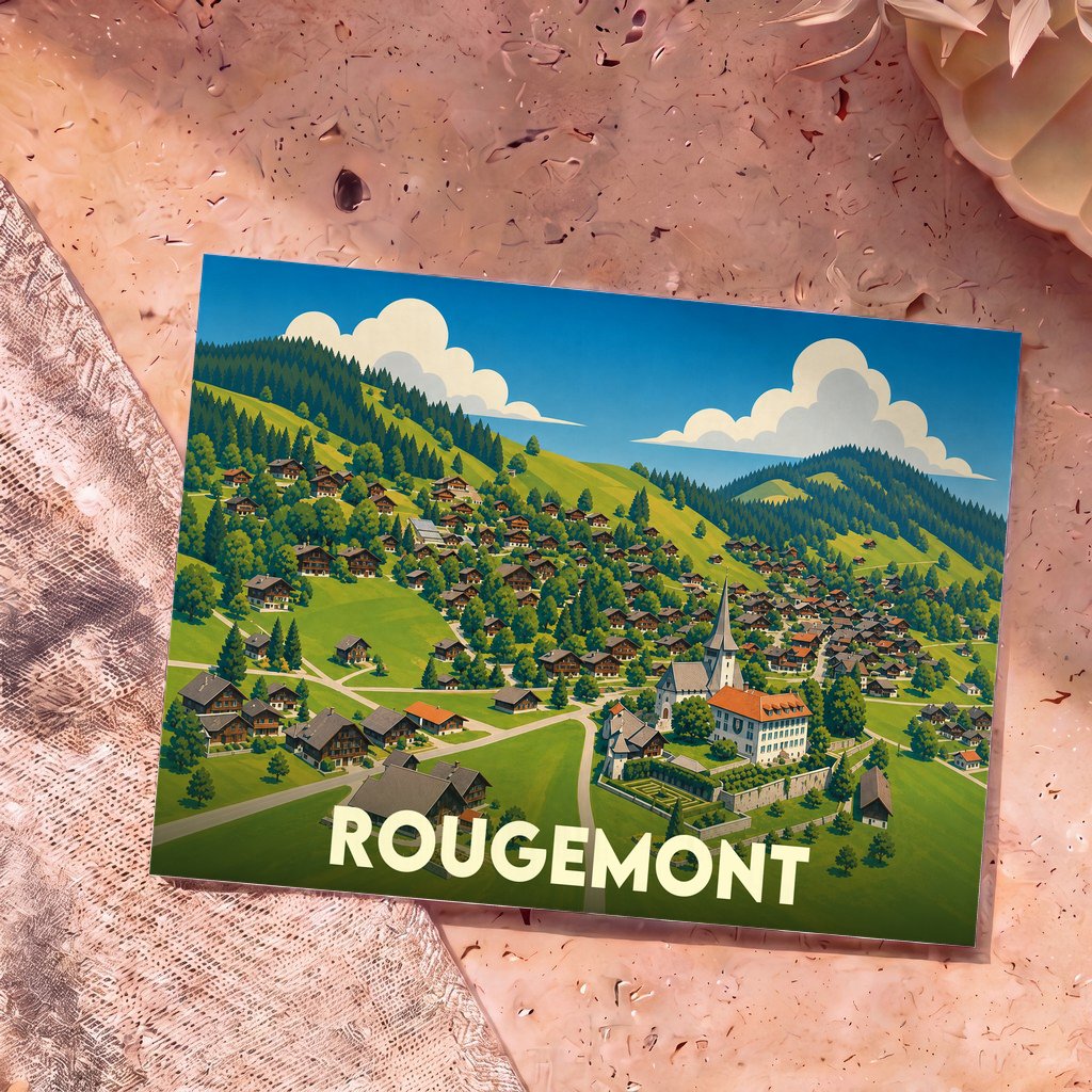 Carte postale souvenir de la ville de Rougemont illustrant un village de montagne stylisé dans un paysage verdoyant.