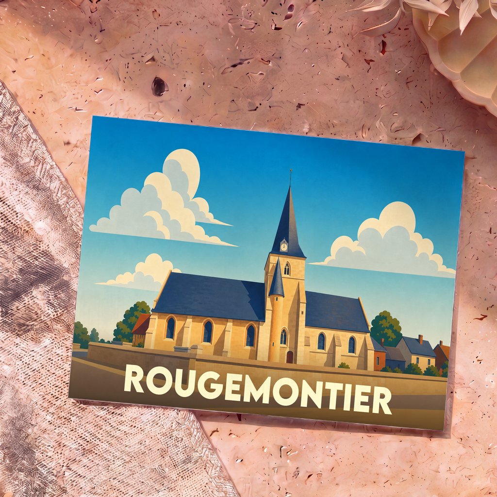 Carte postale souvenir de la ville de Rougemontier avec une illustration stylisée de son église.