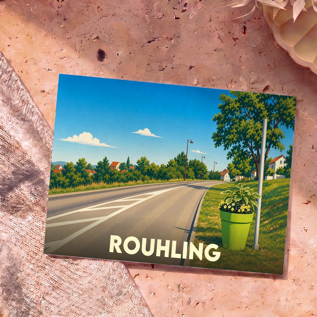 Carte postale souvenir de la ville de Rouhling avec une illustration stylisée d'une route de campagne sous un ciel bleu.