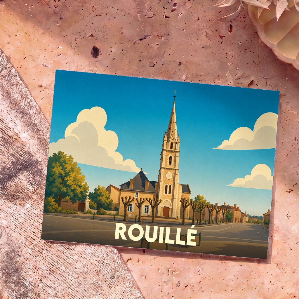 Carte postale souvenir de la ville de Rouillé avec une illustration stylisée de son église et de sa place.