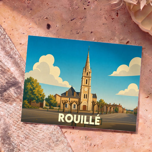 Carte postale souvenir de la ville de Rouillé avec une illustration stylisée de son église et de sa place.