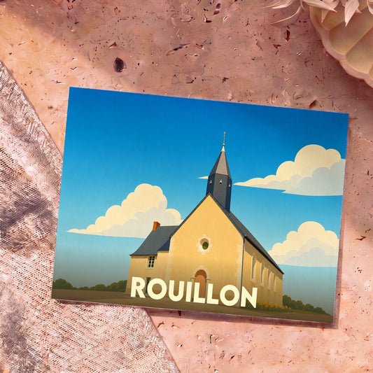Carte postale souvenir de la ville de Rouillon avec une illustration stylisée de son église sous un ciel bleu.