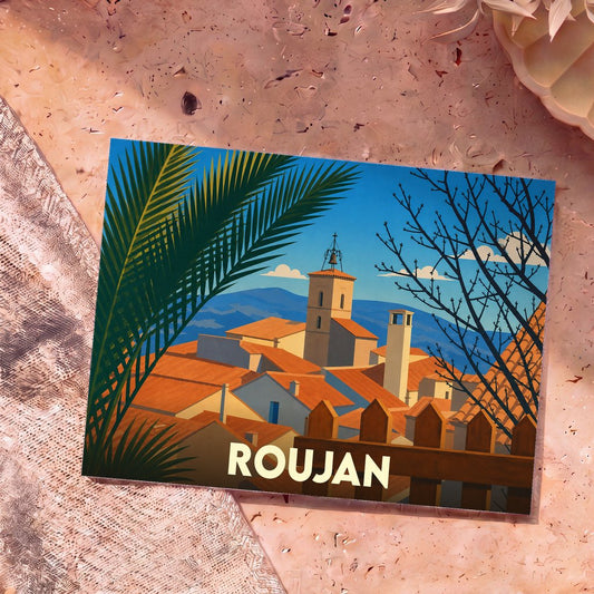 Carte postale souvenir de la ville de Roujan présentant une illustration stylisée de ses toits orangés et de son clocher.