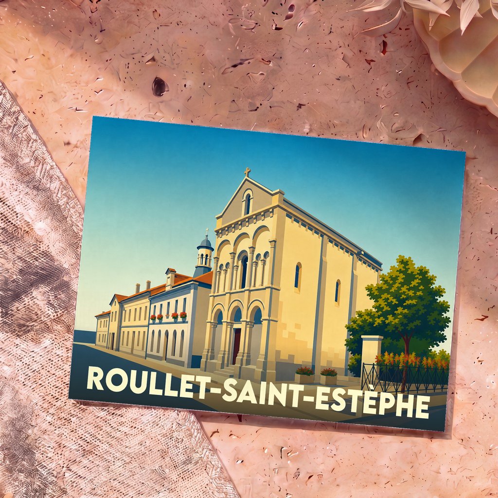 Carte postale souvenir de la ville de Roullet-Saint-Estèphe avec une illustration stylisée de son église romane.