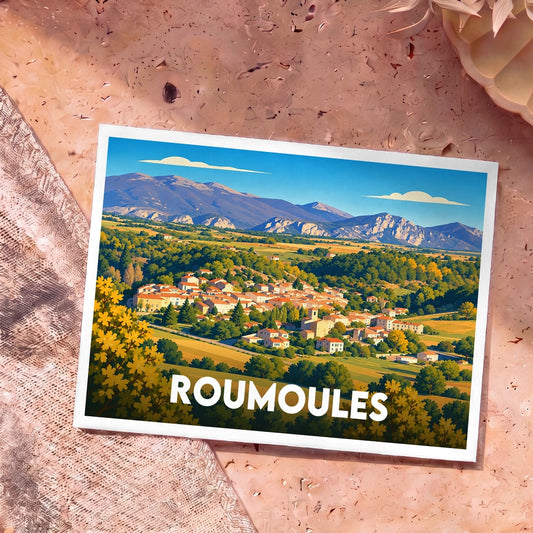 Carte postale souvenir de la ville de Roumoules avec une illustration stylisée d'un village provençal niché dans une vallée.