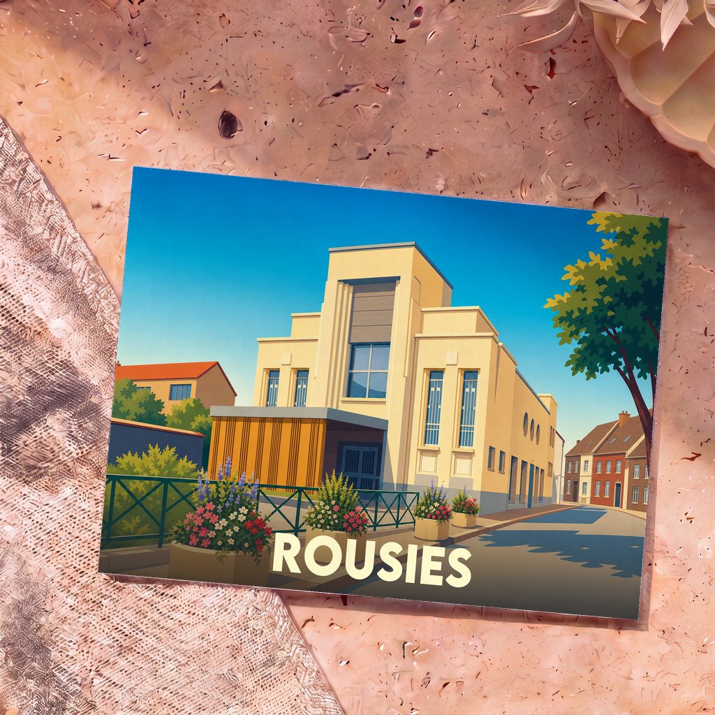Carte postale souvenir de la ville de Rousies avec une illustration stylisée de son architecture.