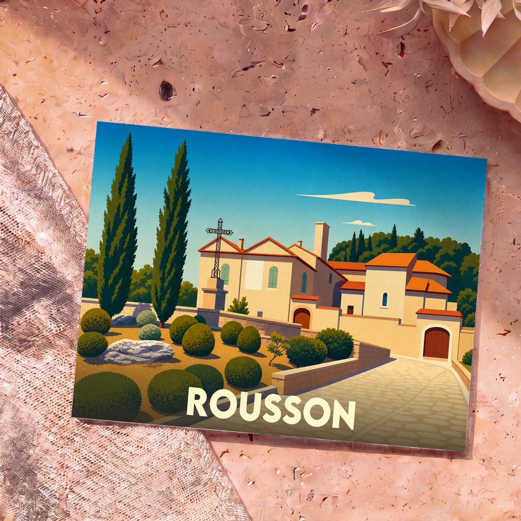Carte postale souvenir de la ville de Rousson avec une illustration stylisée d'une bâtisse provençale.