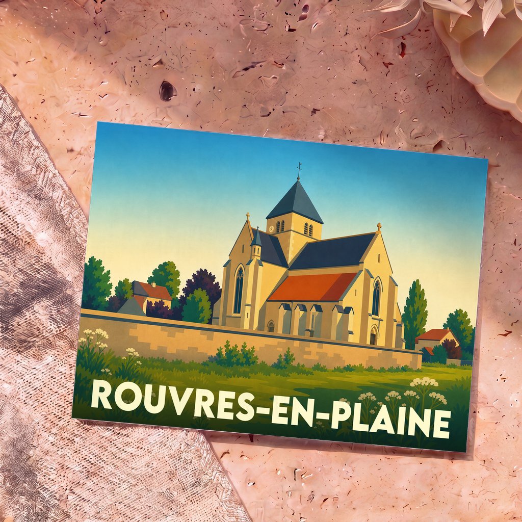 Carte postale souvenir de la ville de Rouvres-en-Plaine avec une illustration stylisée de son église.
