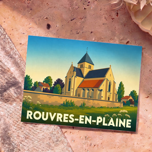 Carte postale souvenir de la ville de Rouvres-en-Plaine avec une illustration stylisée de son église.