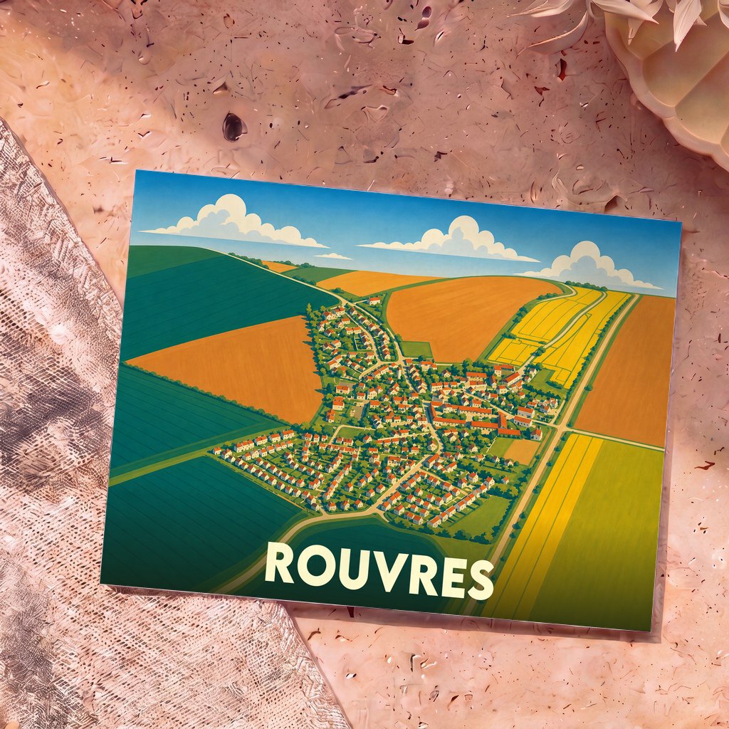 Carte postale souvenir de la ville de Rouvres avec une illustration stylisée vue du ciel.