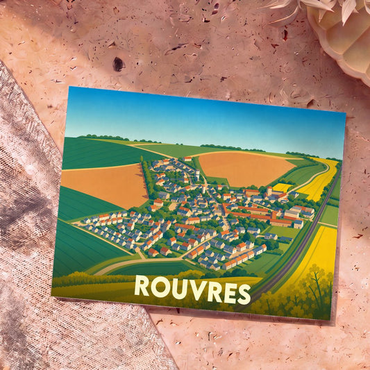 Carte postale souvenir de la ville de Rouvres illustrant une vue aérienne stylisée du village entouré de champs.