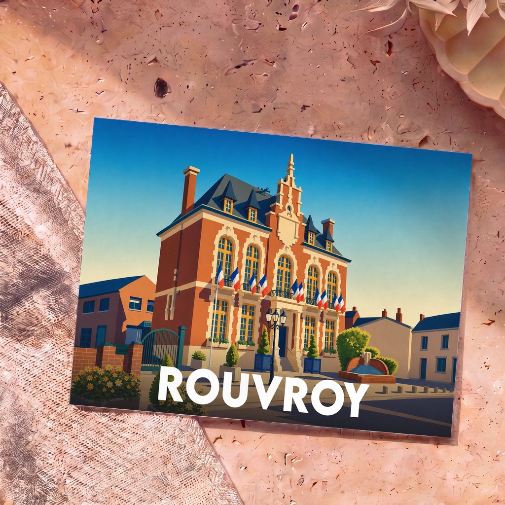 Carte postale souvenir de la ville de Rouvroy avec une illustration stylisée de son hôtel de ville.