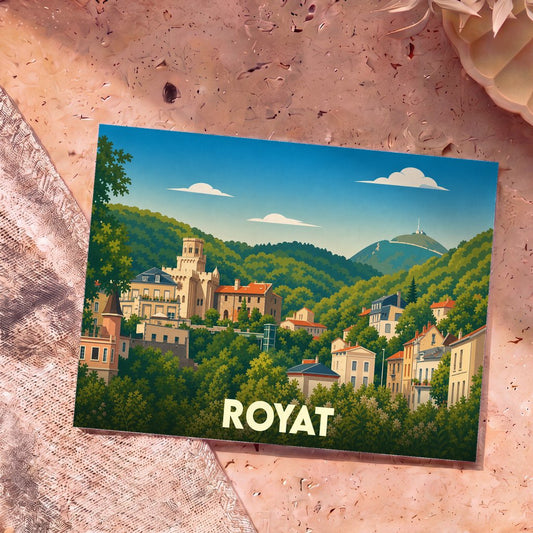 Carte postale souvenir de la ville de Royat avec une illustration stylisée et colorée.