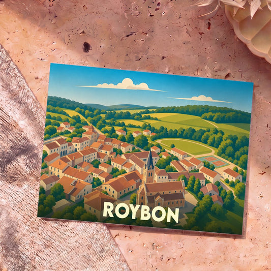 Carte postale souvenir de la ville de Roybon avec une illustration stylisée et colorée.