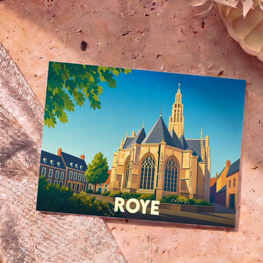 Carte postale souvenir de la ville de Roye avec une illustration stylisée de son église et de ses maisons.