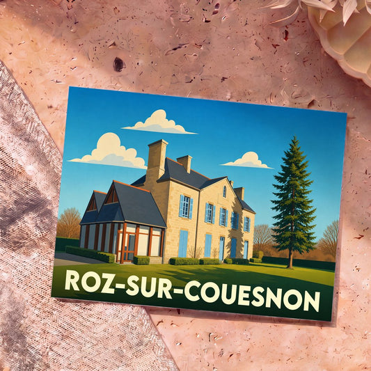 Carte postale souvenir de la ville de Roz-sur-Couesnon présentant une illustration stylisée d'une demeure traditionnelle.