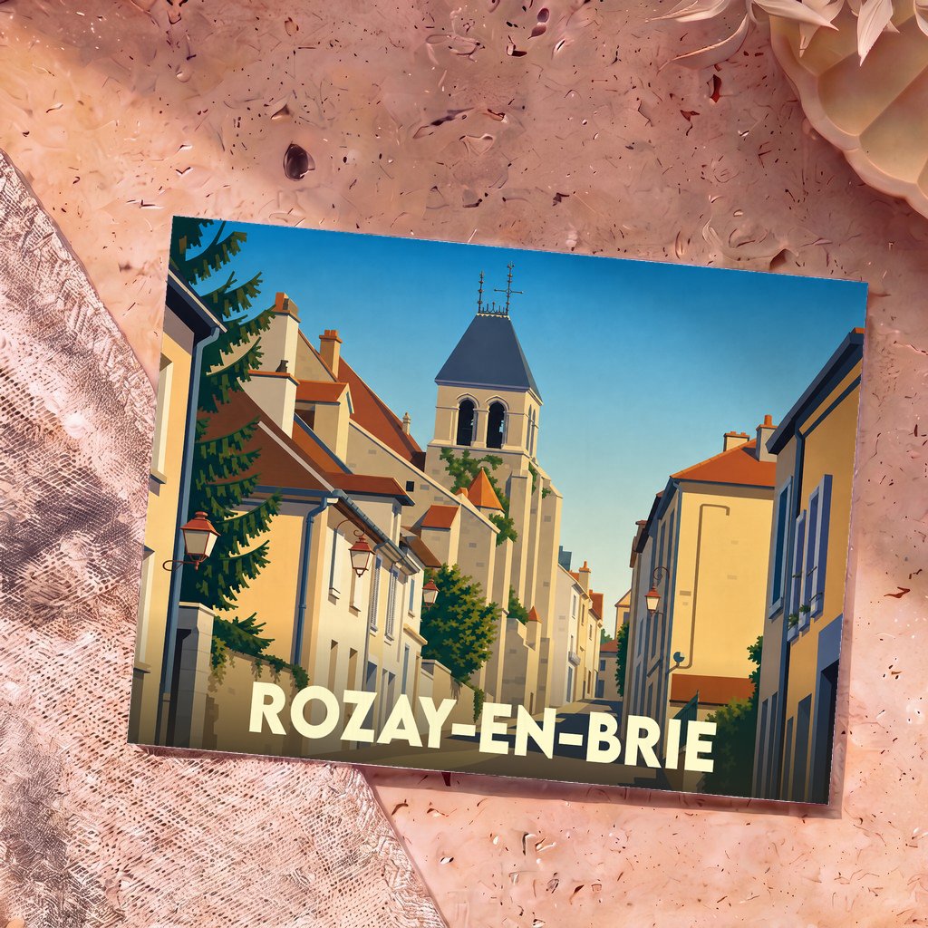Carte postale souvenir de la ville de Rozay-en-Brie avec une illustration stylisée de ses rues et de son église.