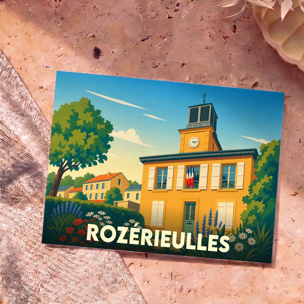 Carte postale souvenir de Rozérieulles avec une illustration stylisée de la mairie et de son horloge sous un ciel bleu.