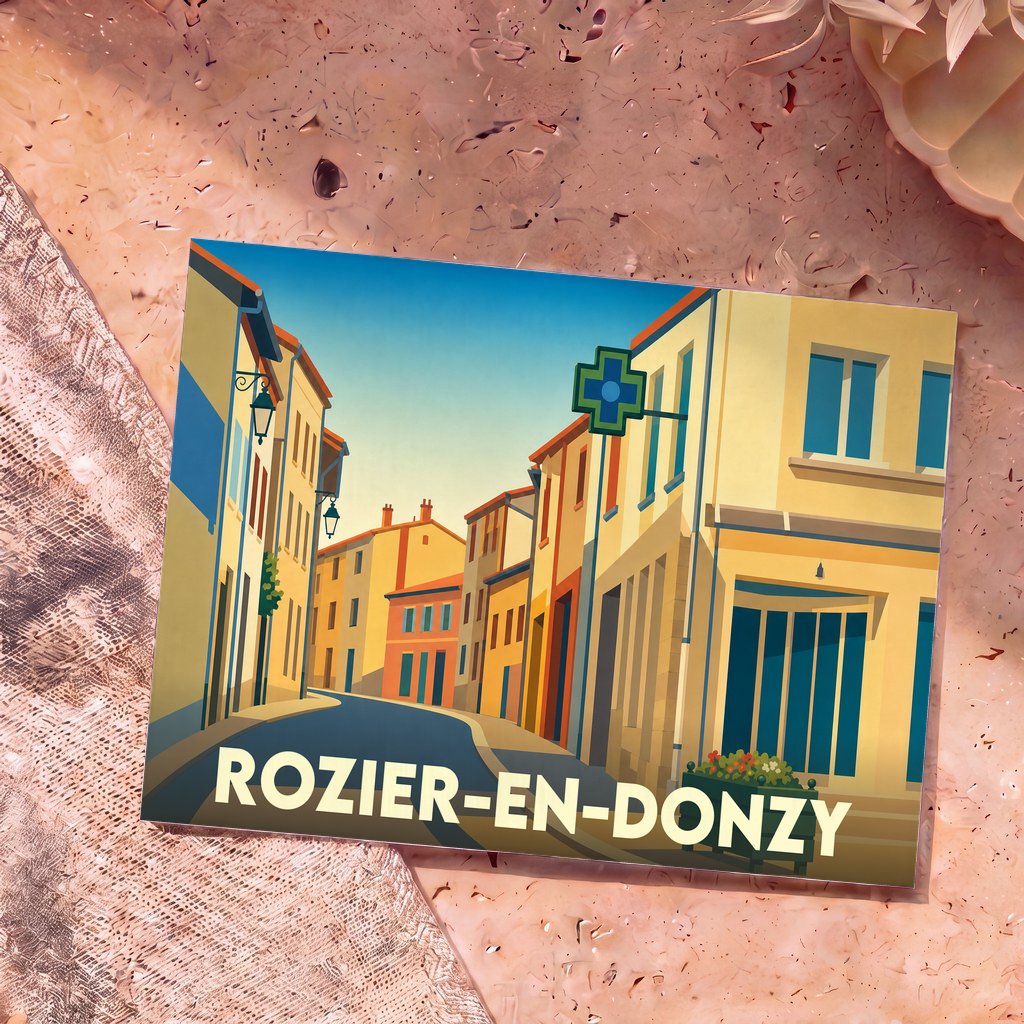 Carte postale souvenir de la ville de Rozier-en-Donzy avec une illustration stylisée d'une rue pittoresque.