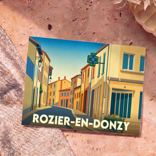 Carte postale souvenir de la ville de Rozier-en-Donzy avec une illustration stylisée d'une rue pittoresque.
