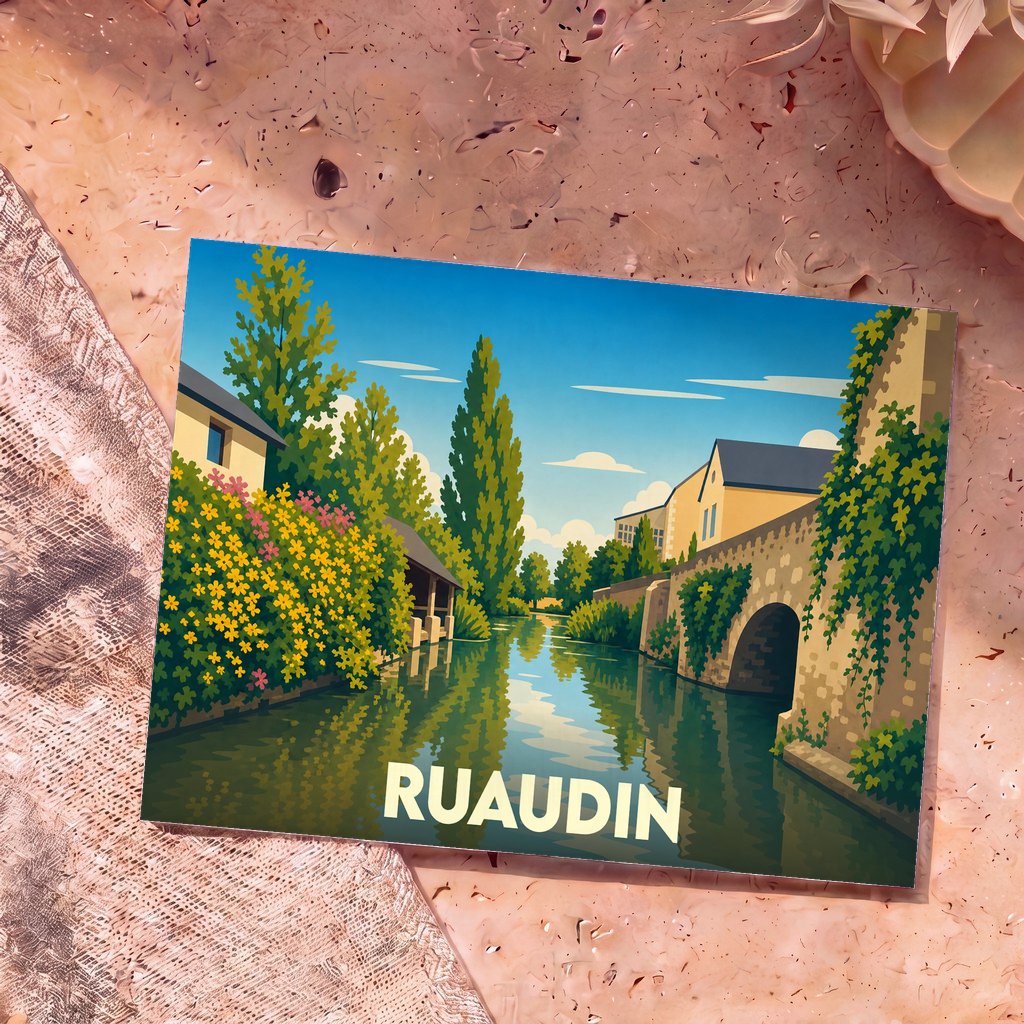 Carte postale souvenir de la ville de Ruaudin illustrant un canal paisible bordé de fleurs et de bâtiments anciens.
