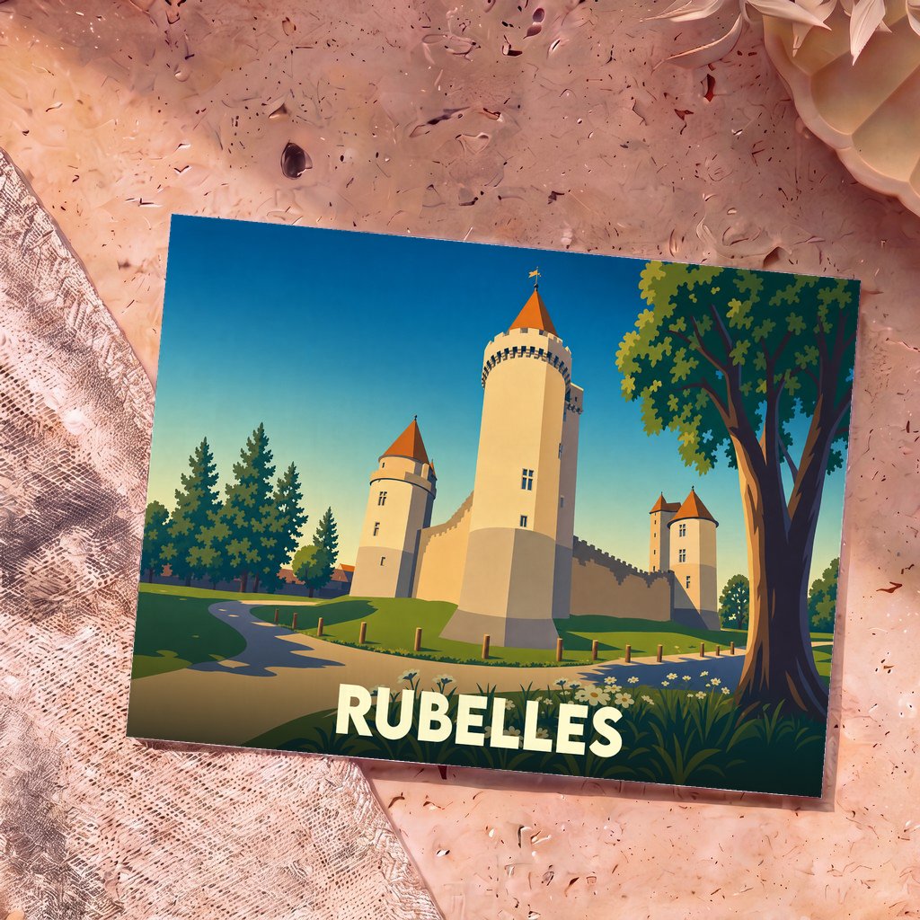 Carte postale souvenir de la ville de Rubelles avec une illustration stylisée d'un château médiéval.