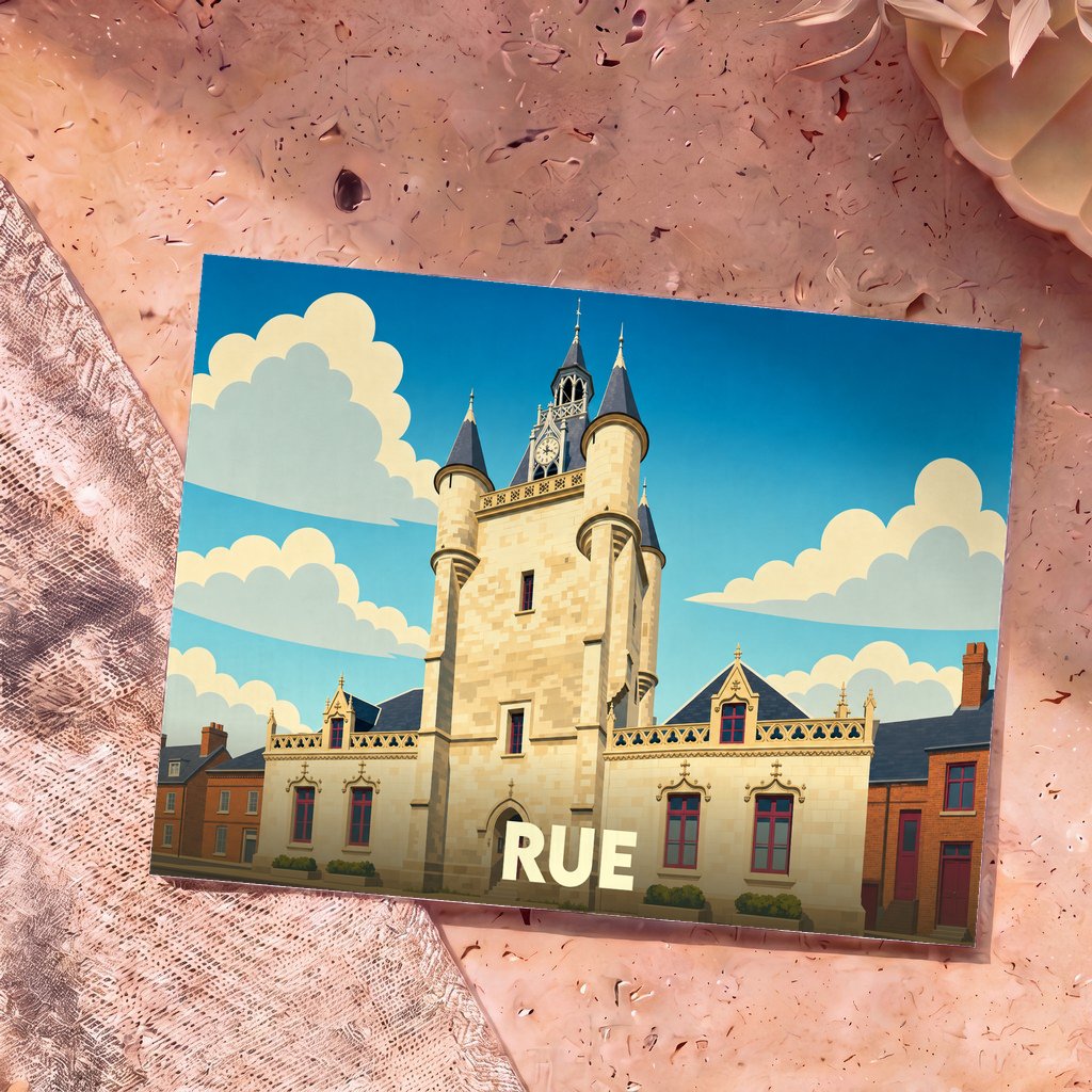 Carte postale souvenir de la ville de Rue avec une illustration stylisée de son beffroi sous un ciel nuageux.